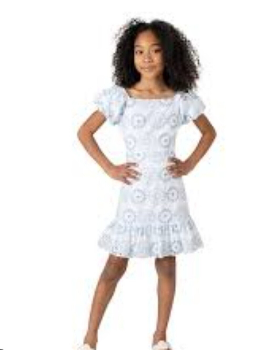 Rare Editions - Girls White and Light Blue Eyelet Sundress - Size 5